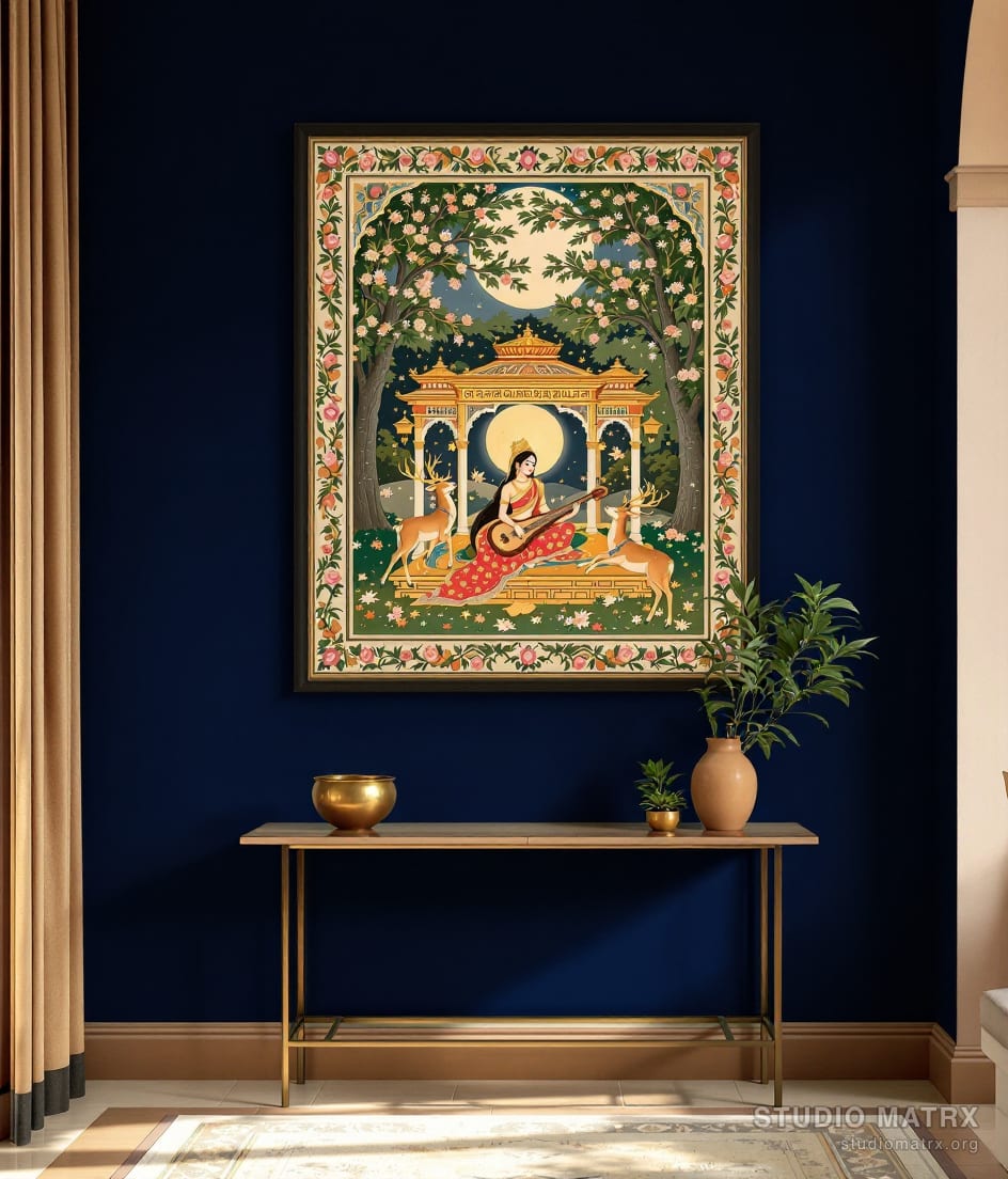 Ragamala Ragini With Veena — Navy Wall