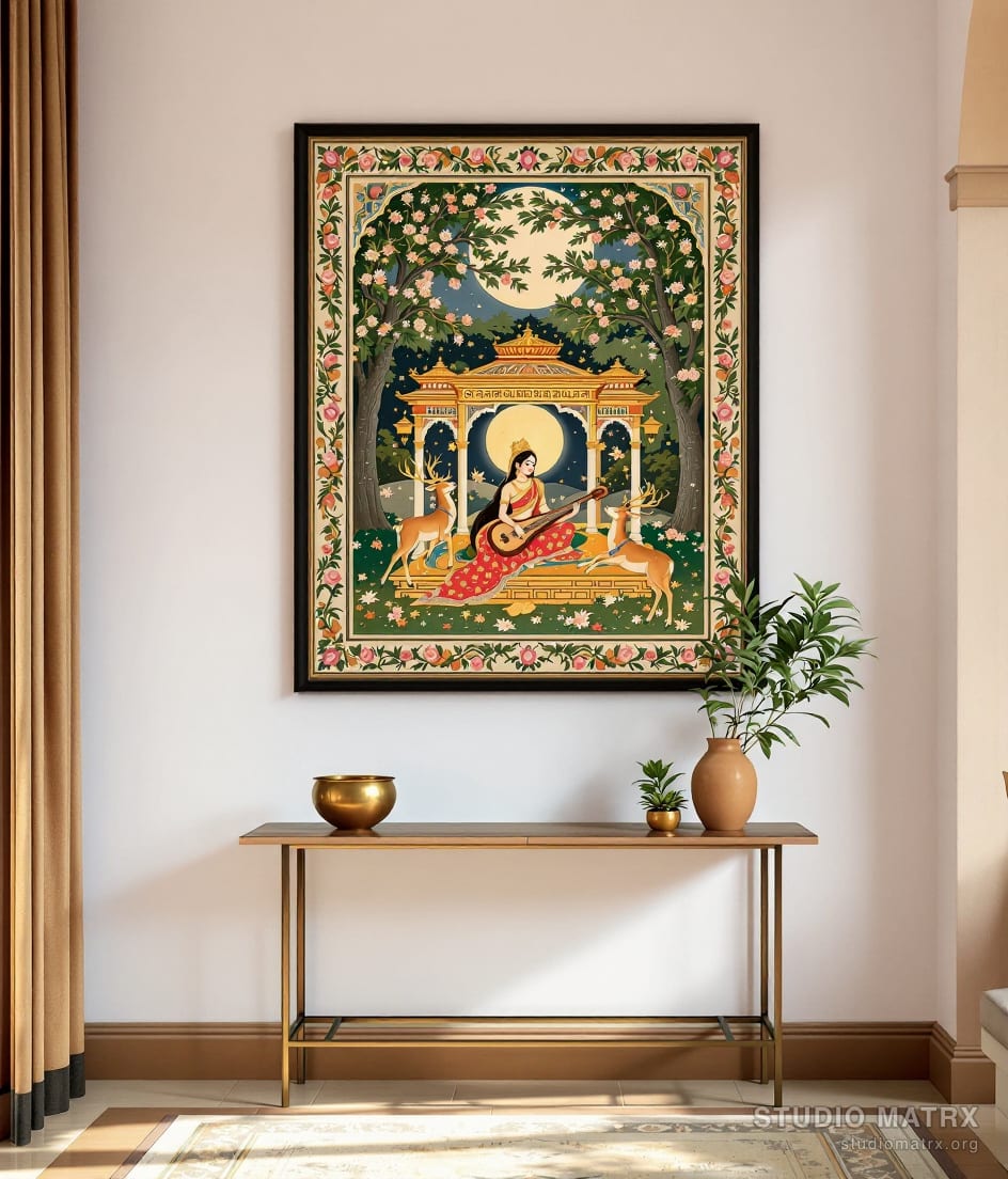 Ragamala Ragini With Veena — Warm White Wall