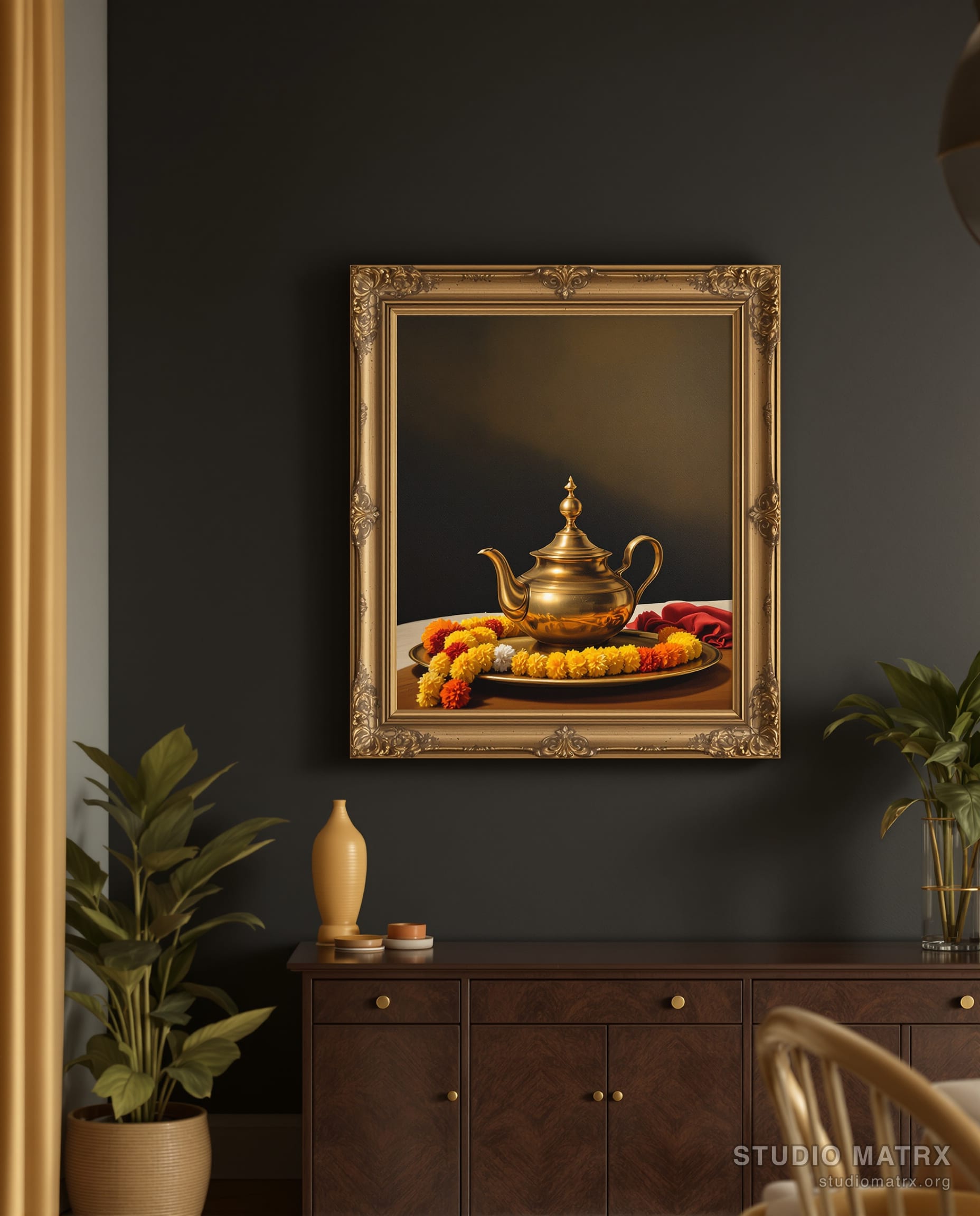 Brass Vessels and Marigolds — Charcoal Wall