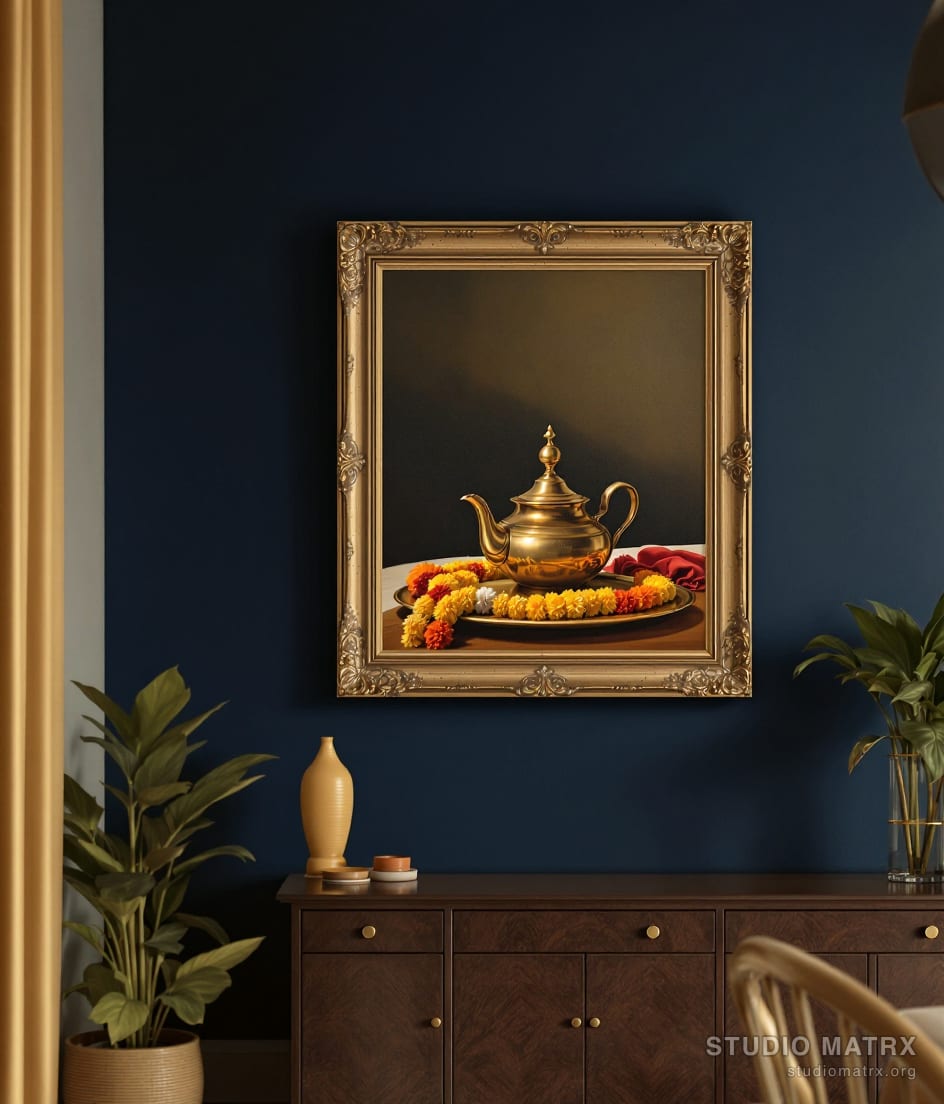 Brass Vessels and Marigolds — Navy Wall
