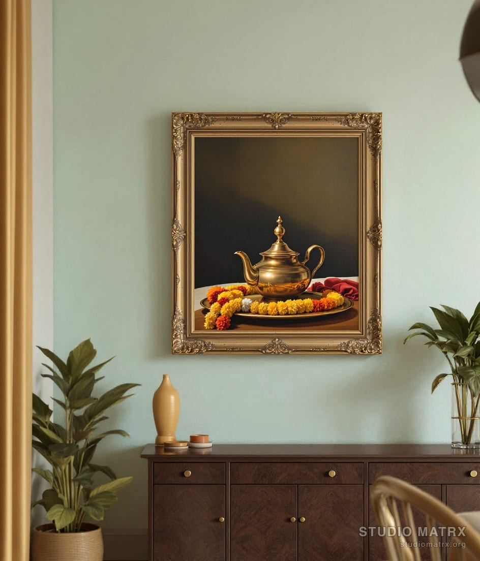 Brass Vessels and Marigolds — Sage Wall