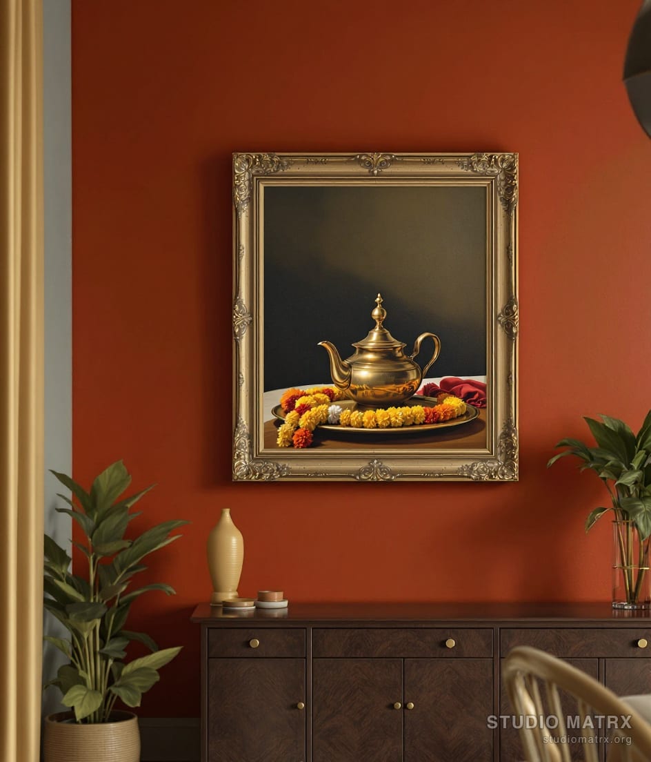 Brass Vessels and Marigolds — Terracotta Wall