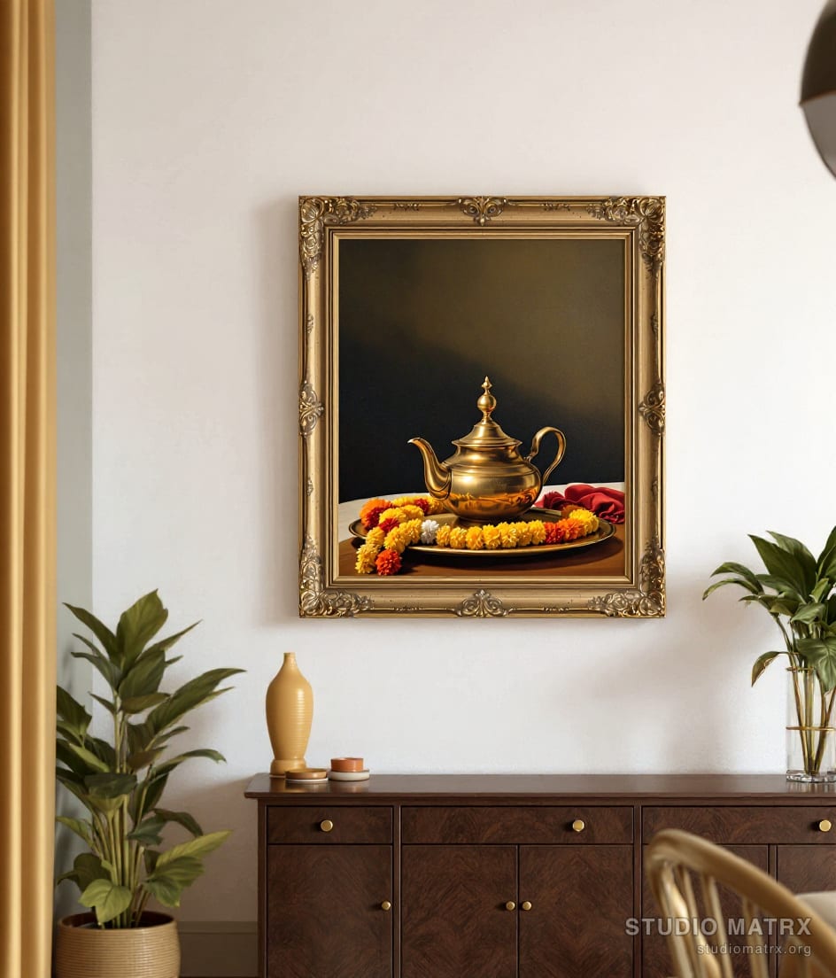 Brass Vessels and Marigolds — Warm White Wall