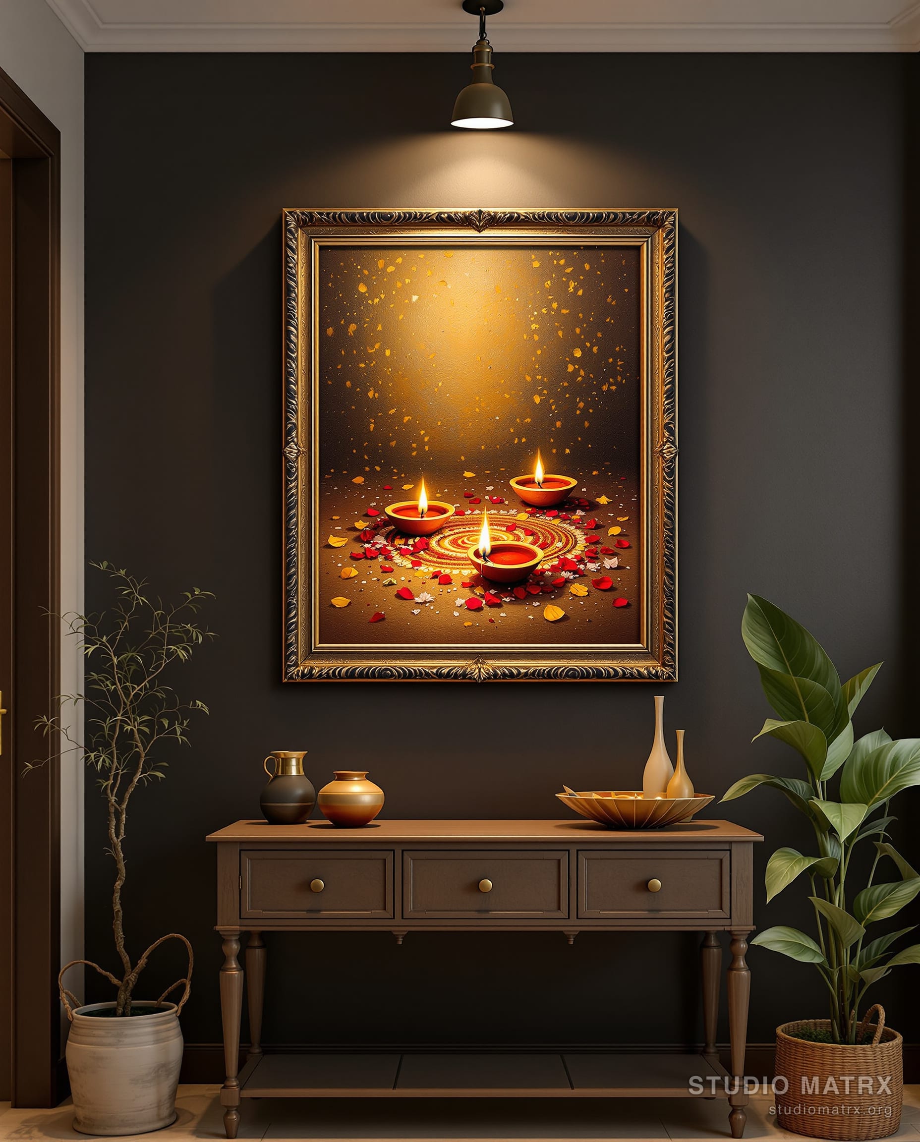 Festive Diyas and Flowers — Charcoal Wall