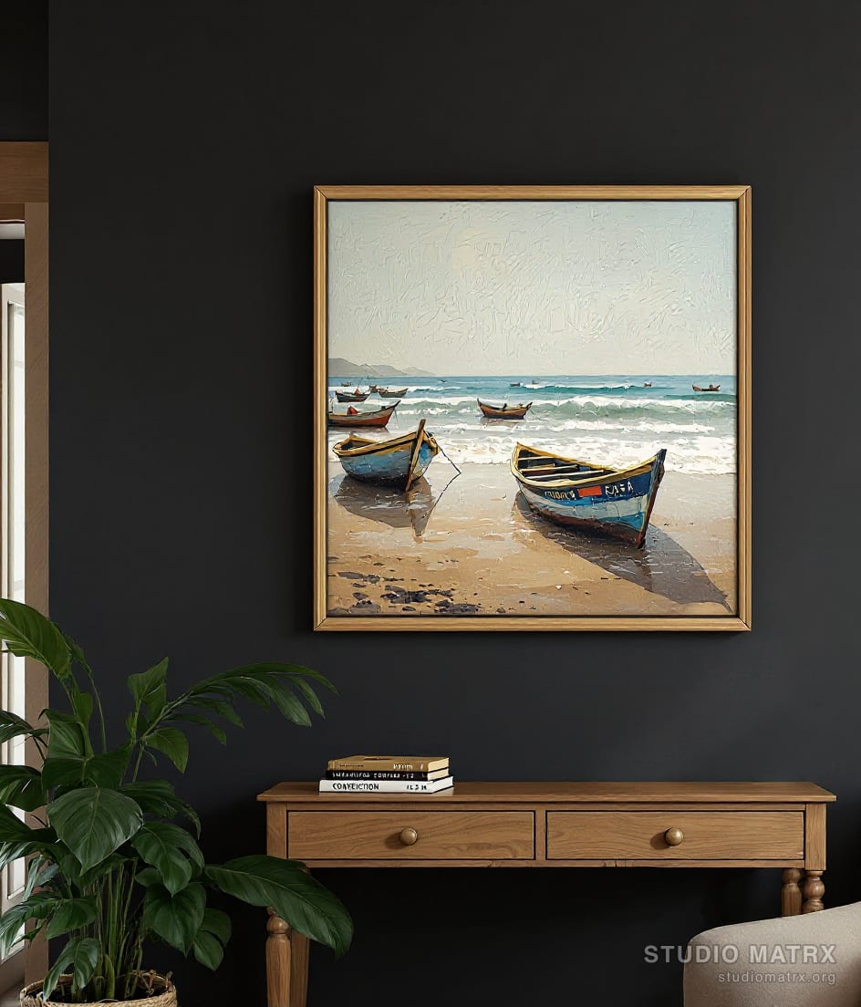Goa Coast Fishing Boats — Charcoal Wall
