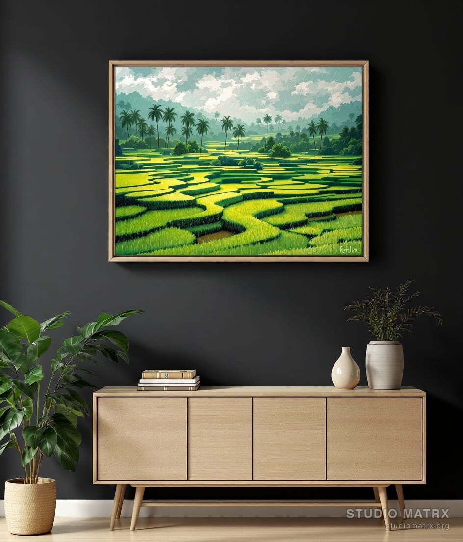 Monsoon Paddy Fields, Kerala — Charcoal Wall