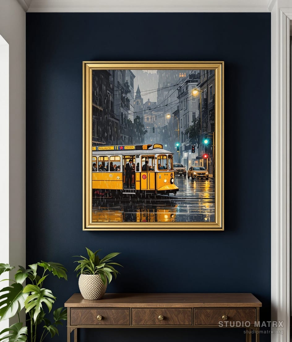 Kolkata Tram in the Rain — Charcoal Wall