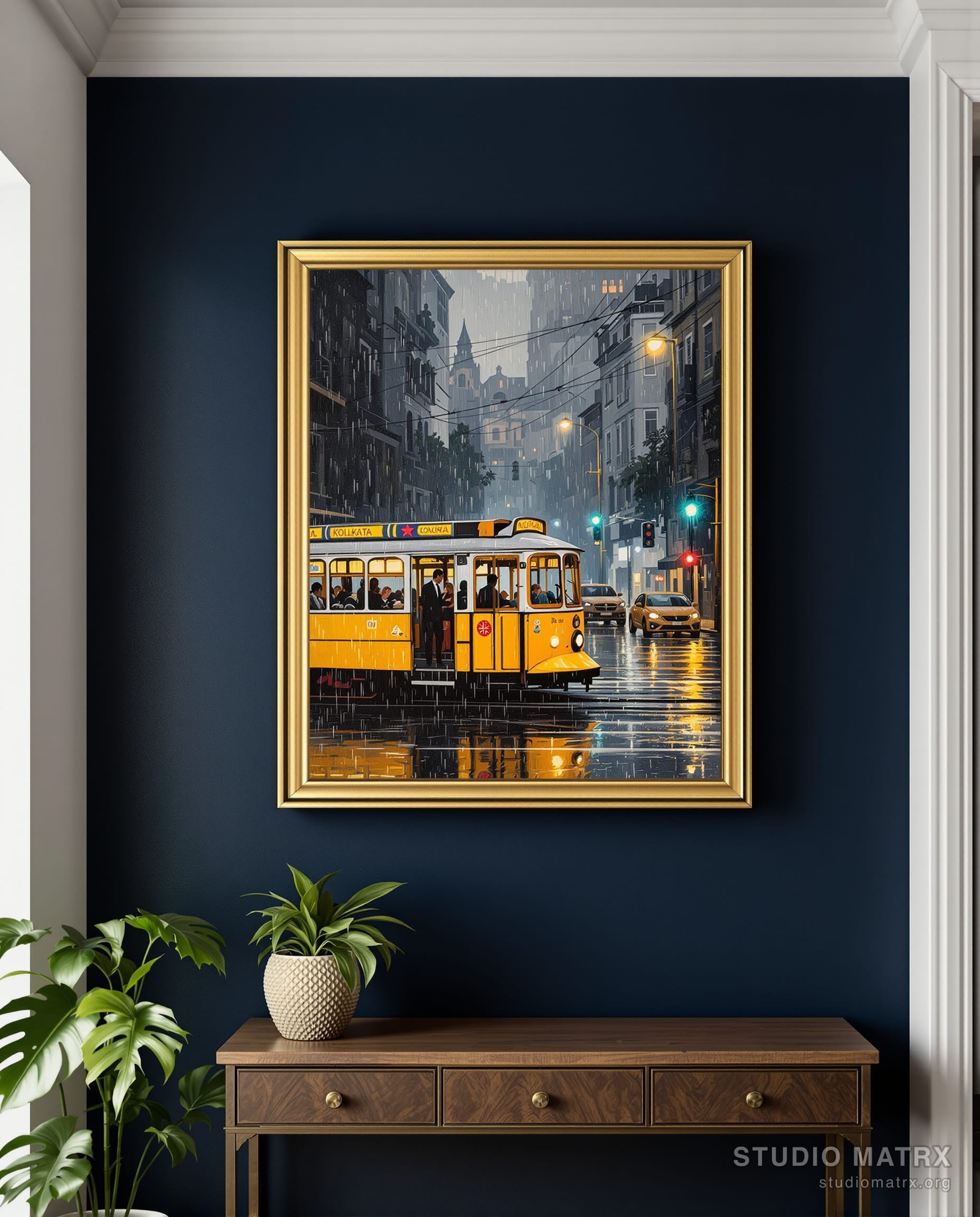 Kolkata Tram in the Rain — Navy Wall