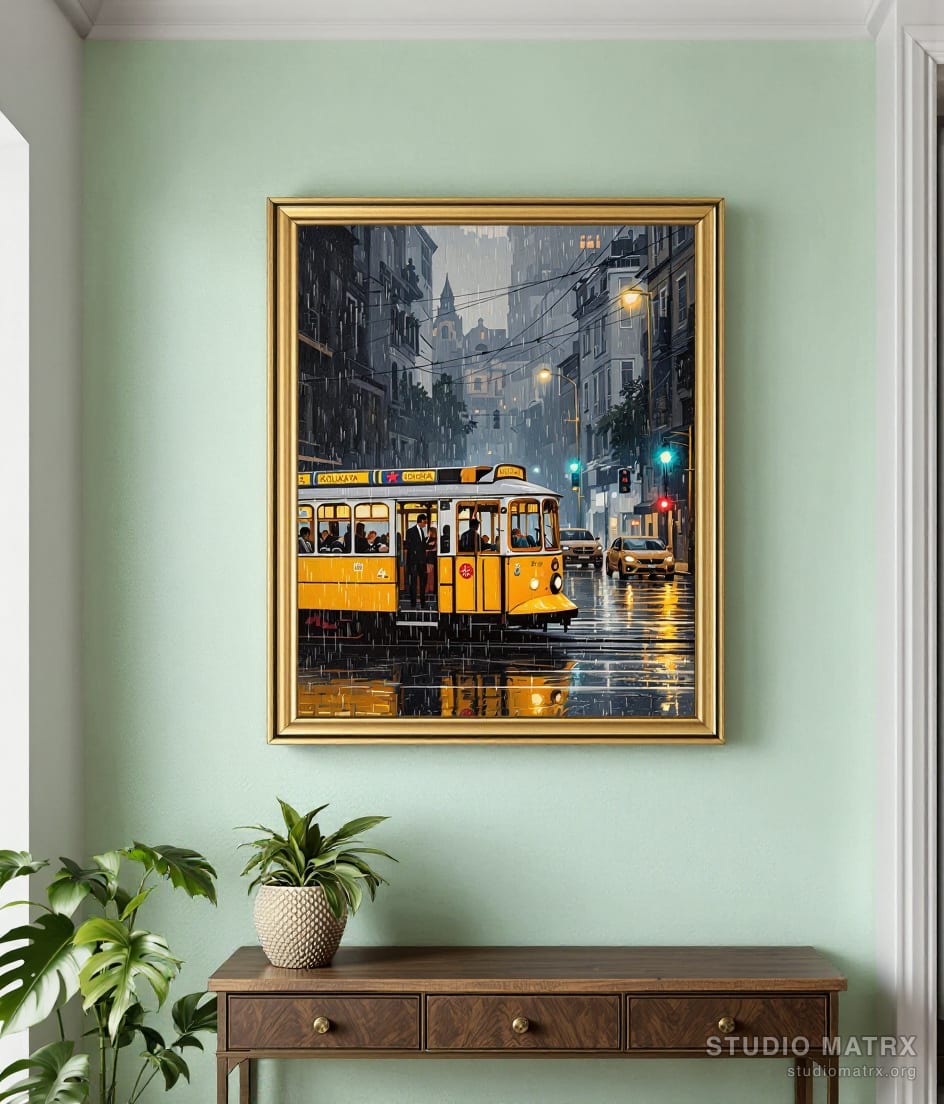 Kolkata Tram in the Rain — Sage Wall