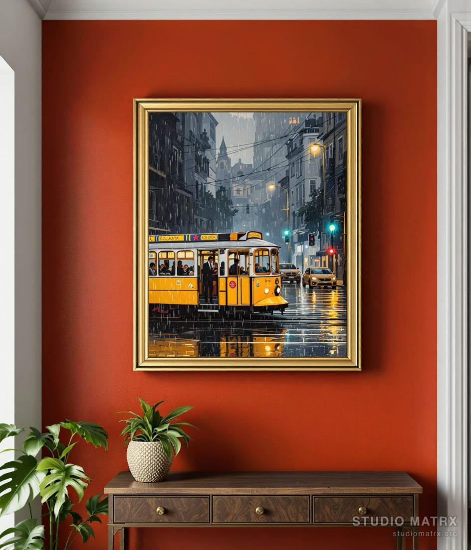 Kolkata Tram in the Rain — Terracotta Wall