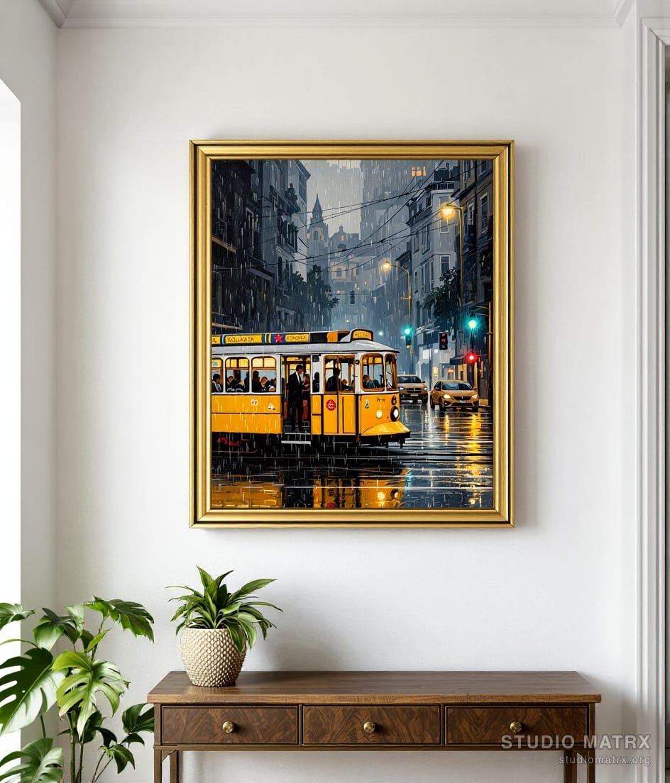 Kolkata Tram in the Rain — Warm White Wall
