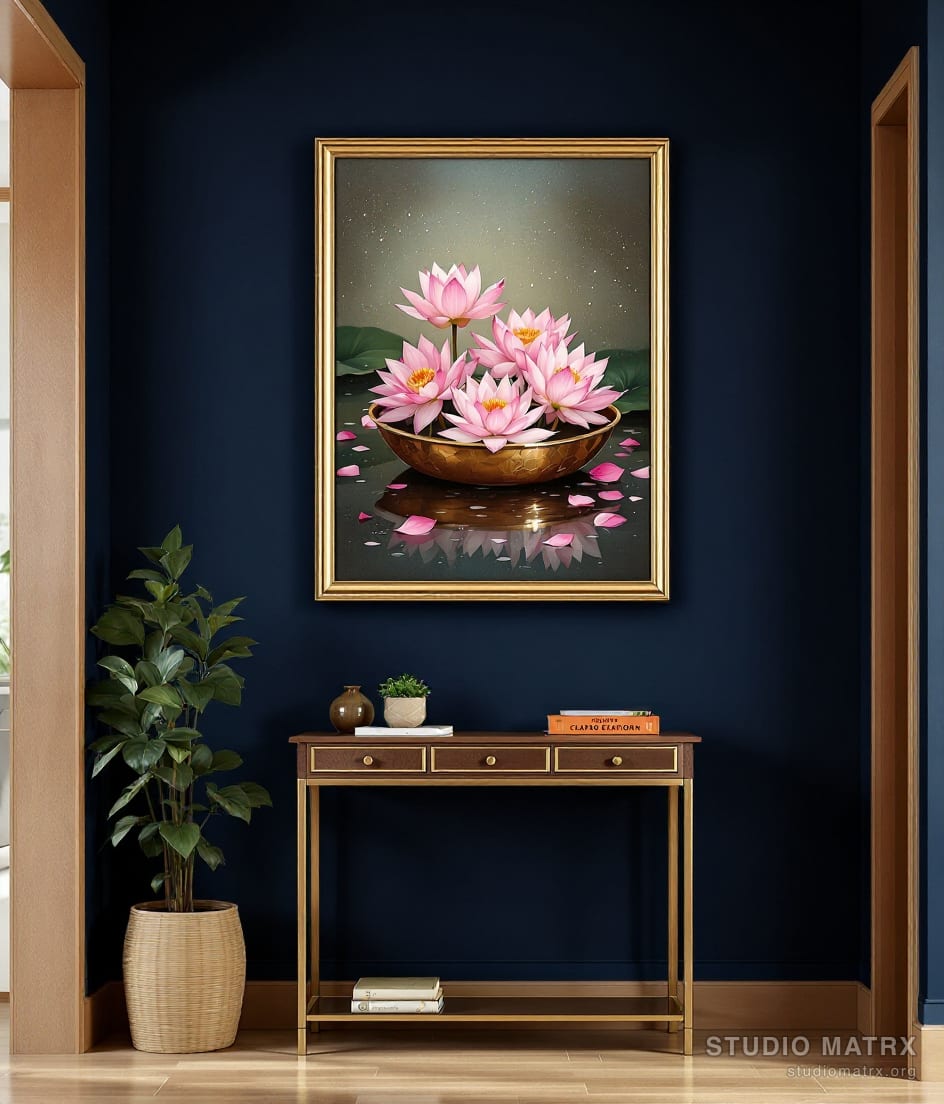 Lotus in a Copper Urli — Navy Wall