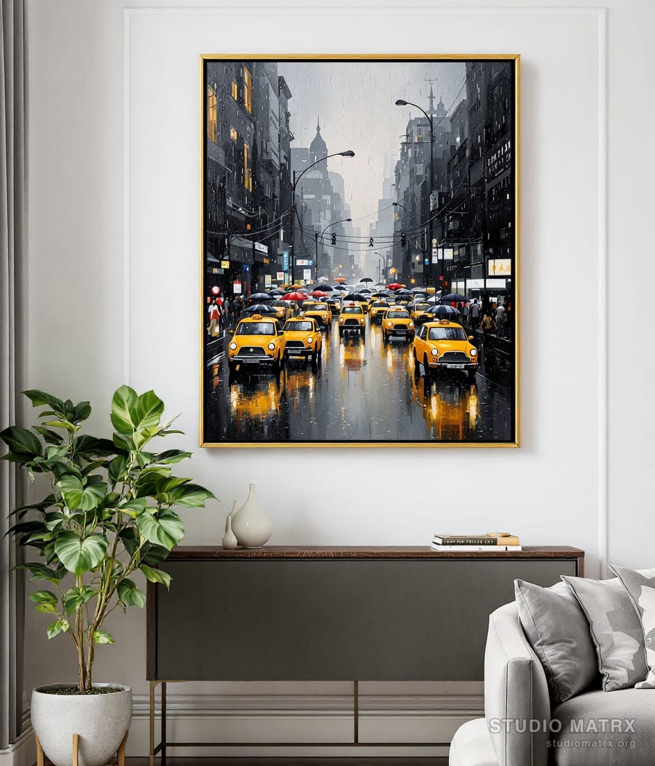Mumbai Rain-Soaked Street — Warm White Wall