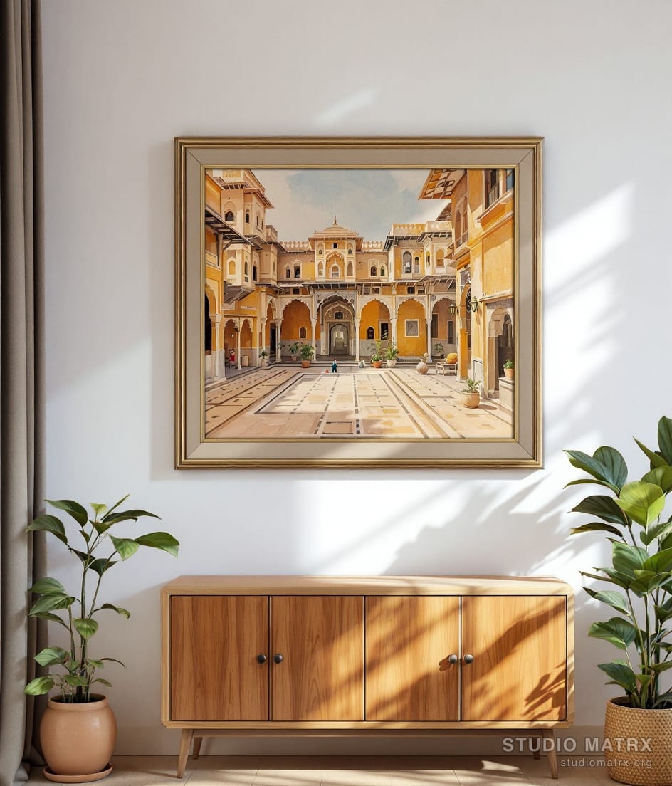 Rajasthani Haveli Courtyard — Warm White Wall
