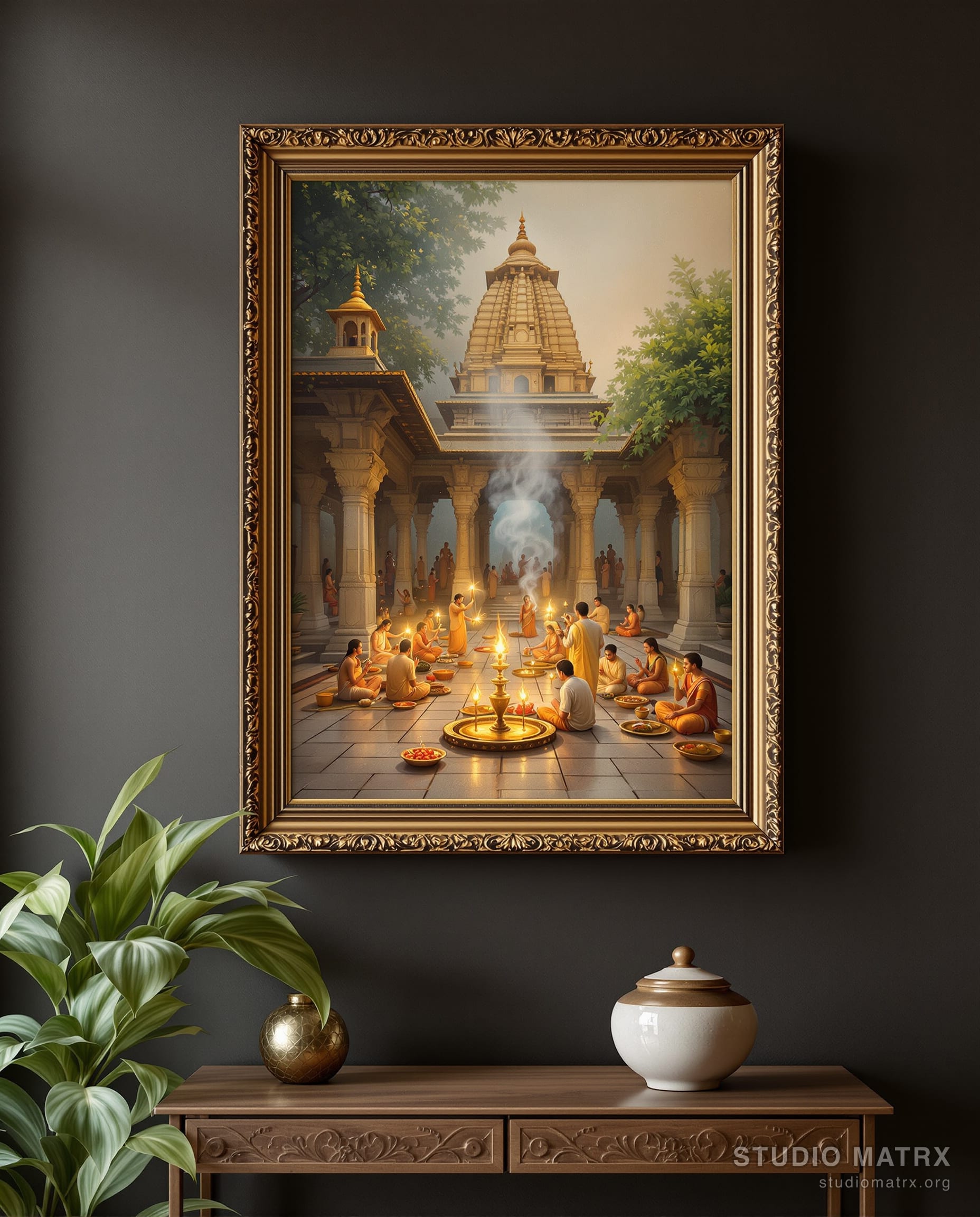 Temple Courtyard at Morning Aarti — Charcoal Wall