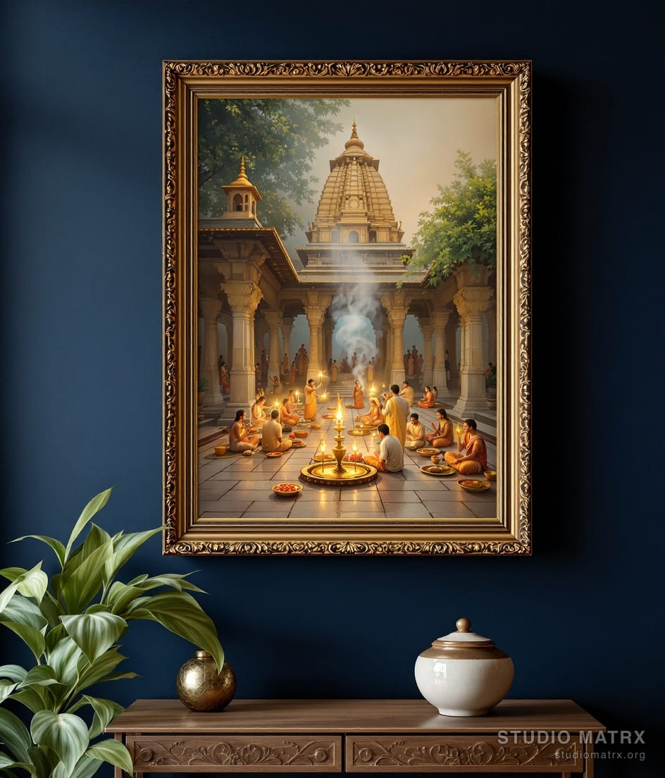 Temple Courtyard at Morning Aarti — Navy Wall