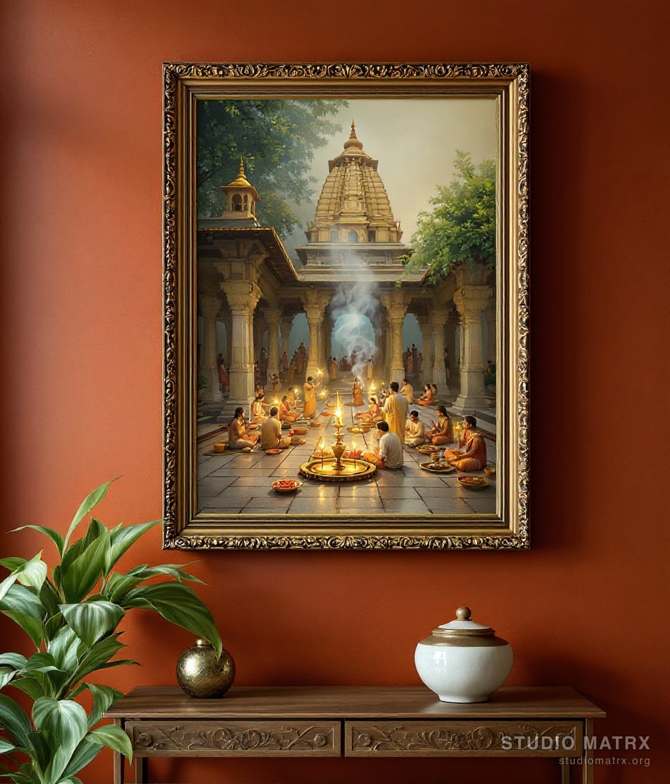 Temple Courtyard at Morning Aarti — Terracotta Wall