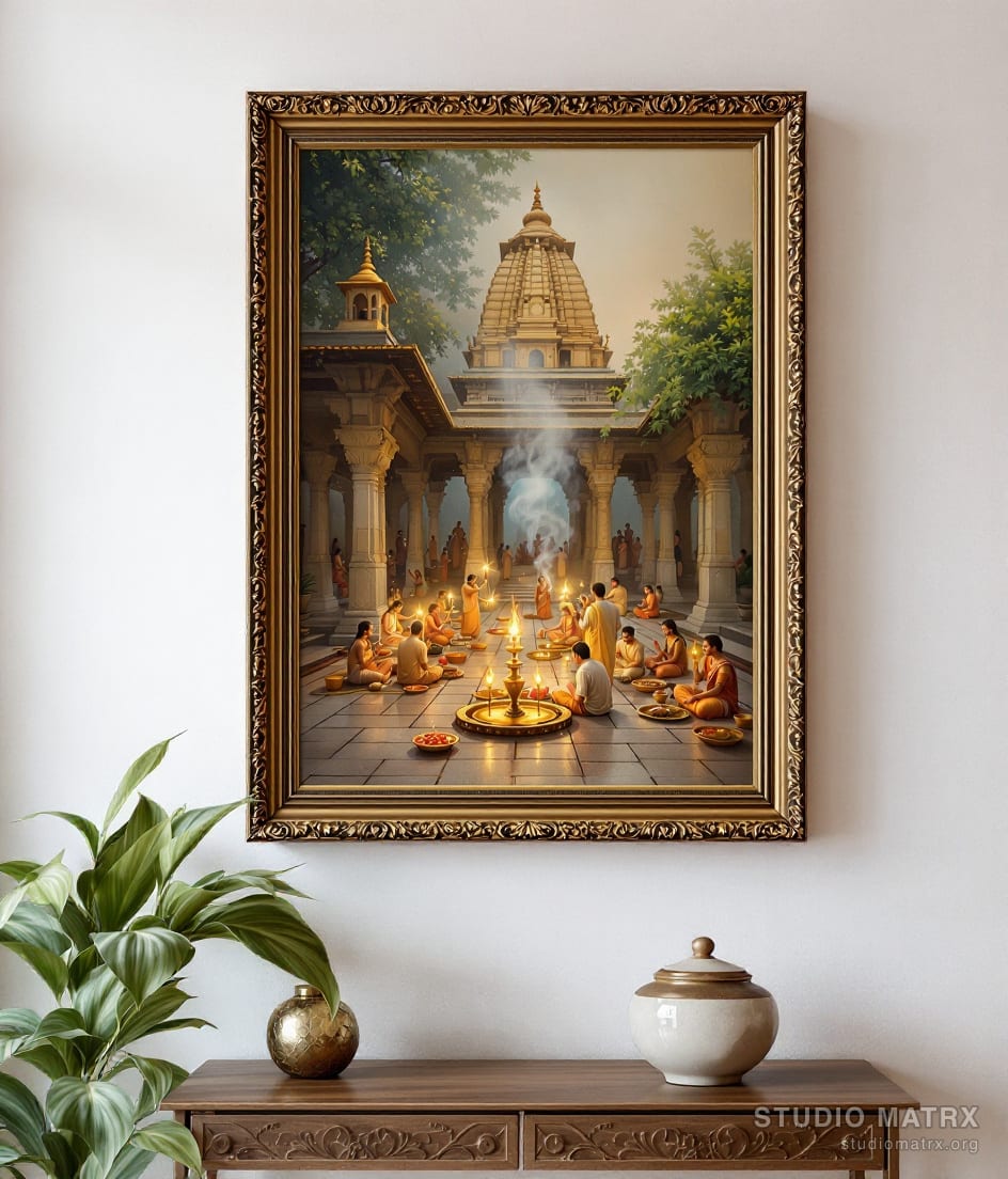 Temple Courtyard at Morning Aarti — Warm White Wall