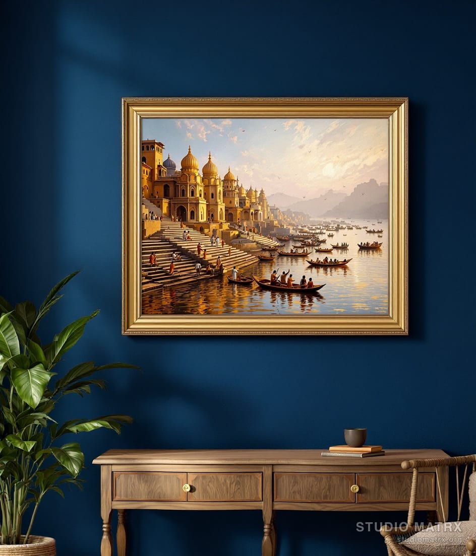 Varanasi Ghats at Dawn — Navy Wall