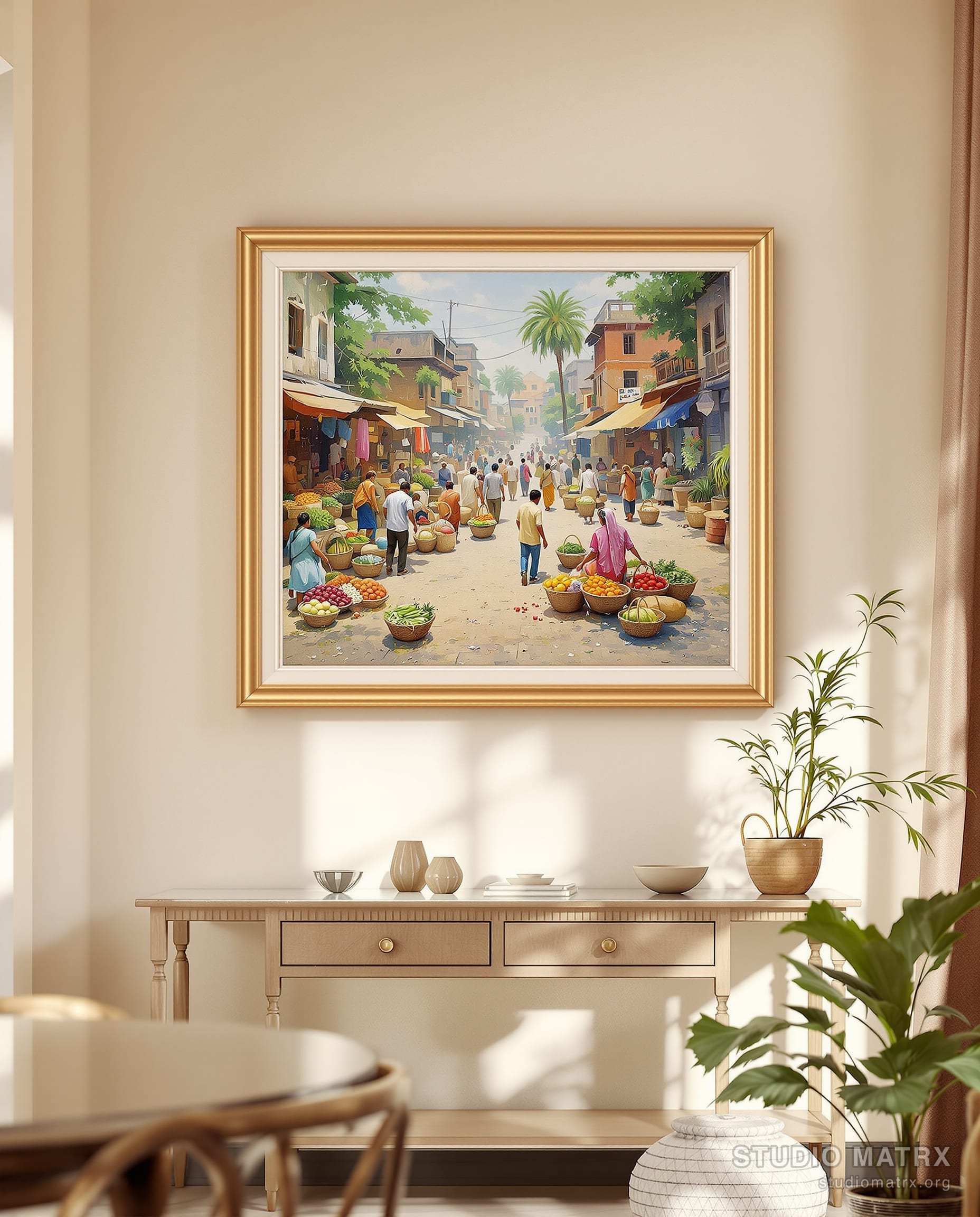 Village Market Morning — Warm White Wall