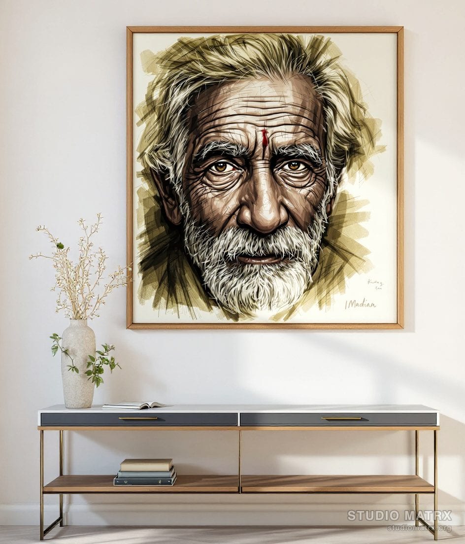 Charcoal Portrait Sketch — Warm White Wall