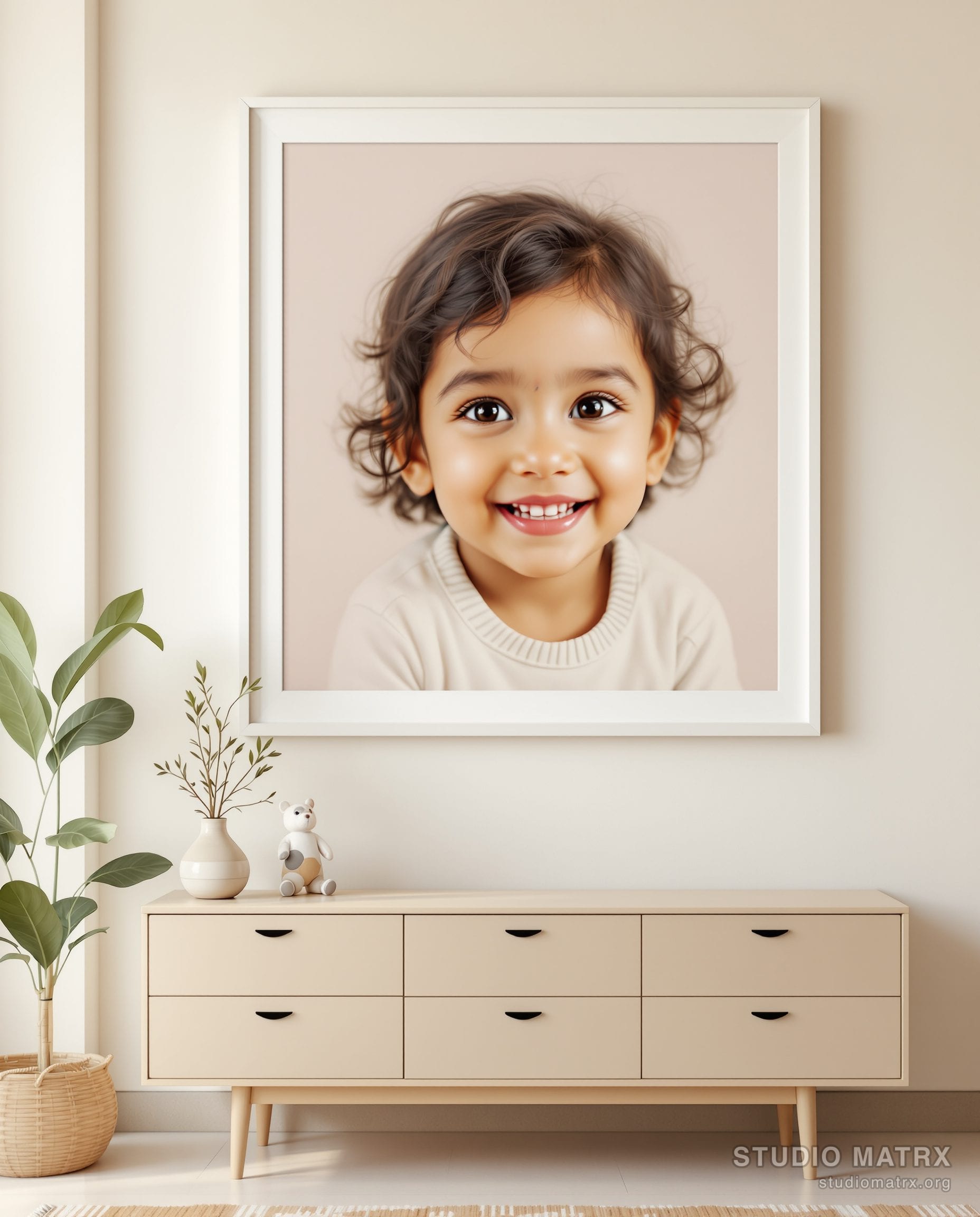 Child Portrait Painting — Warm White Wall