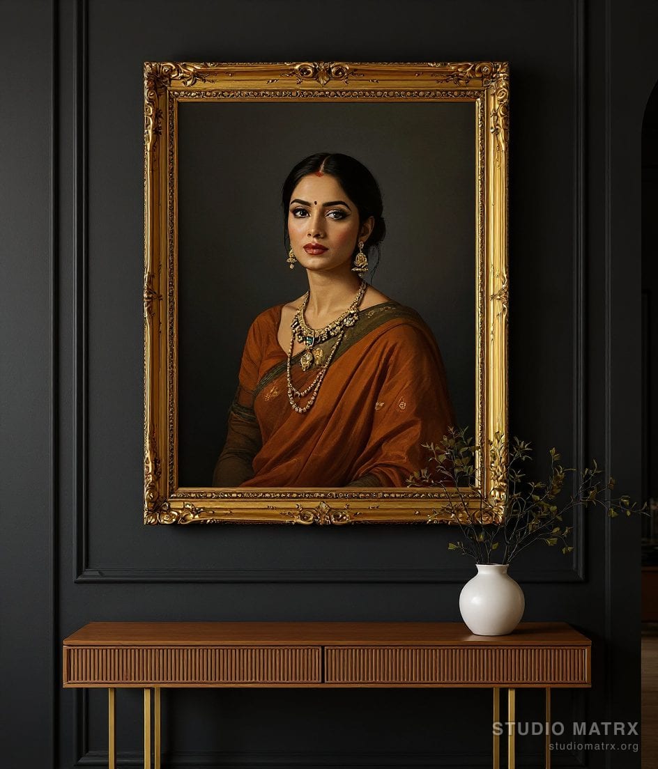 Classic Oil Portrait Of An Indian Woman — Charcoal Wall