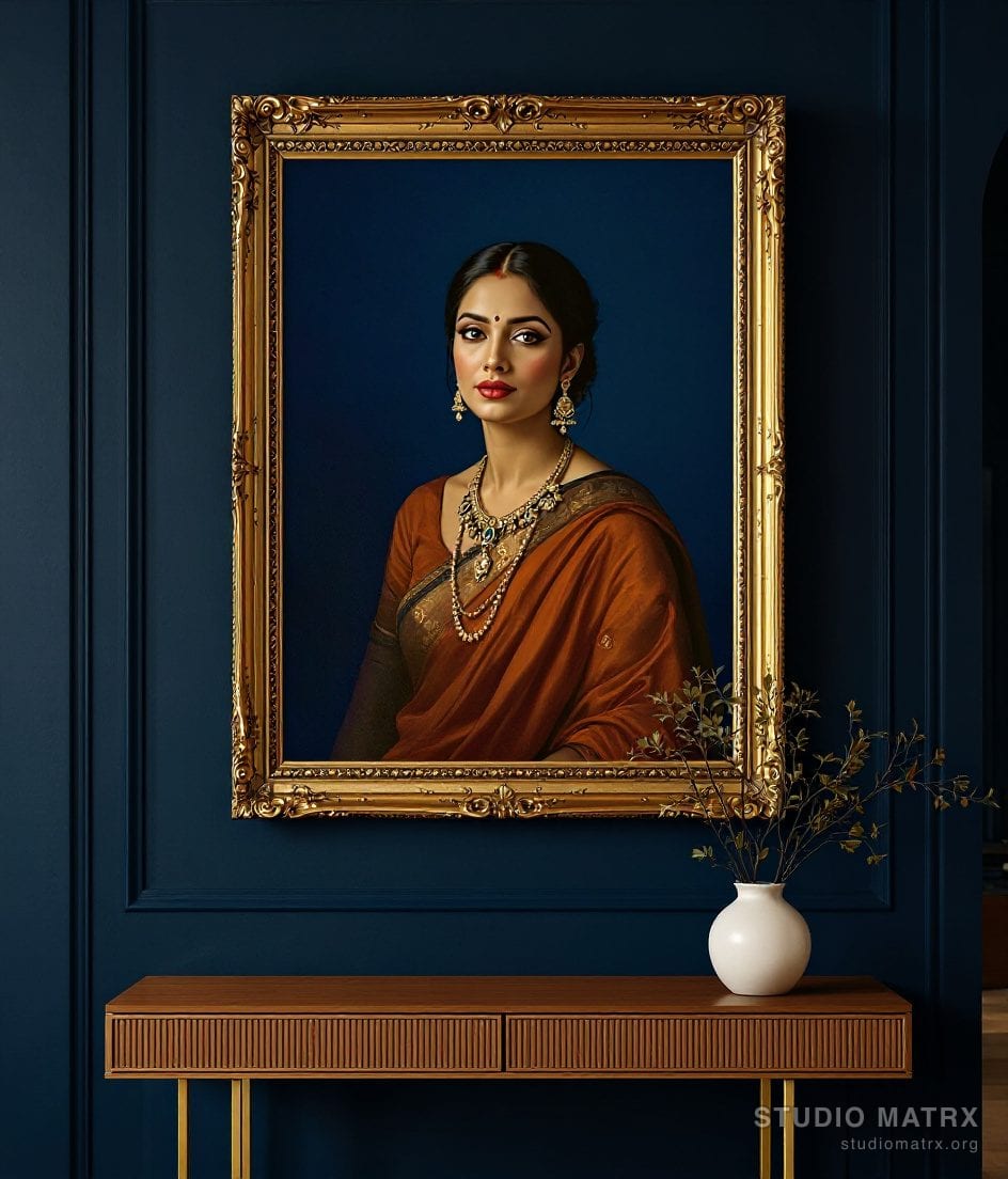 Classic Oil Portrait Of An Indian Woman — Navy Wall