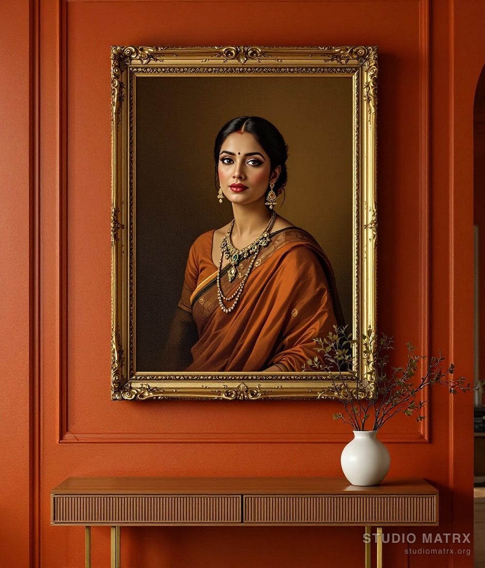 Classic Oil Portrait Of An Indian Woman — Terracotta Wall