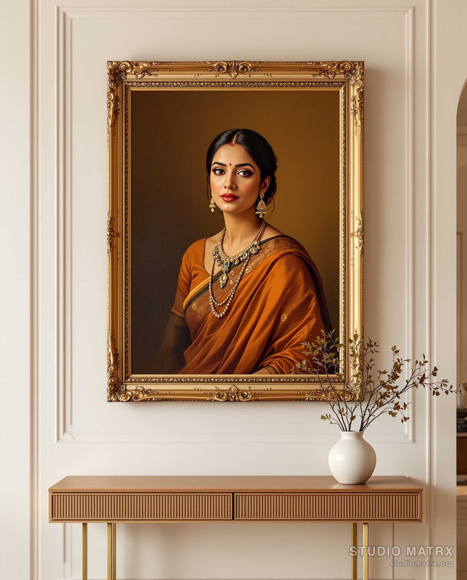 Classic Oil Portrait Of An Indian Woman — Warm White Wall