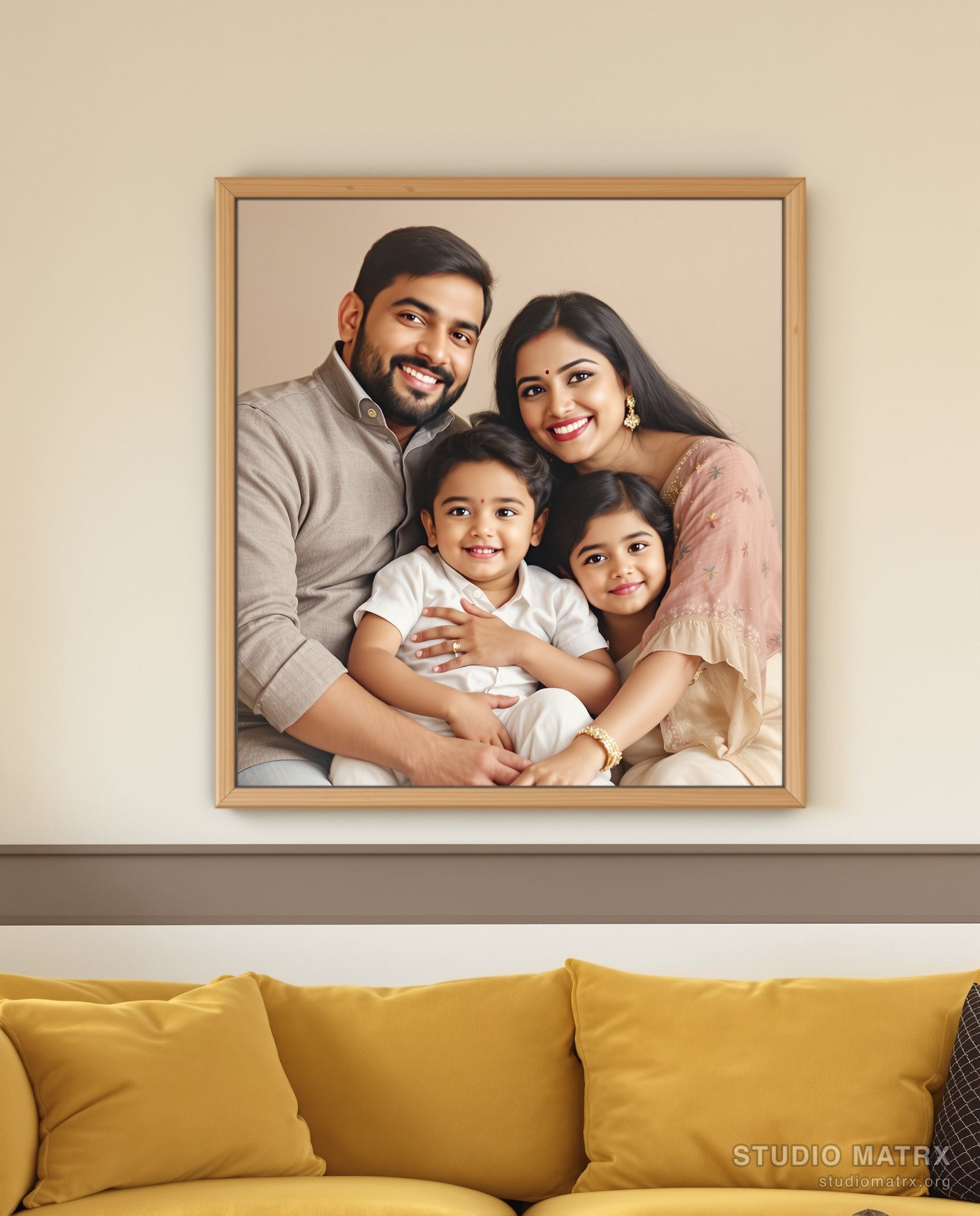 Family Portrait Painting — Warm White Wall