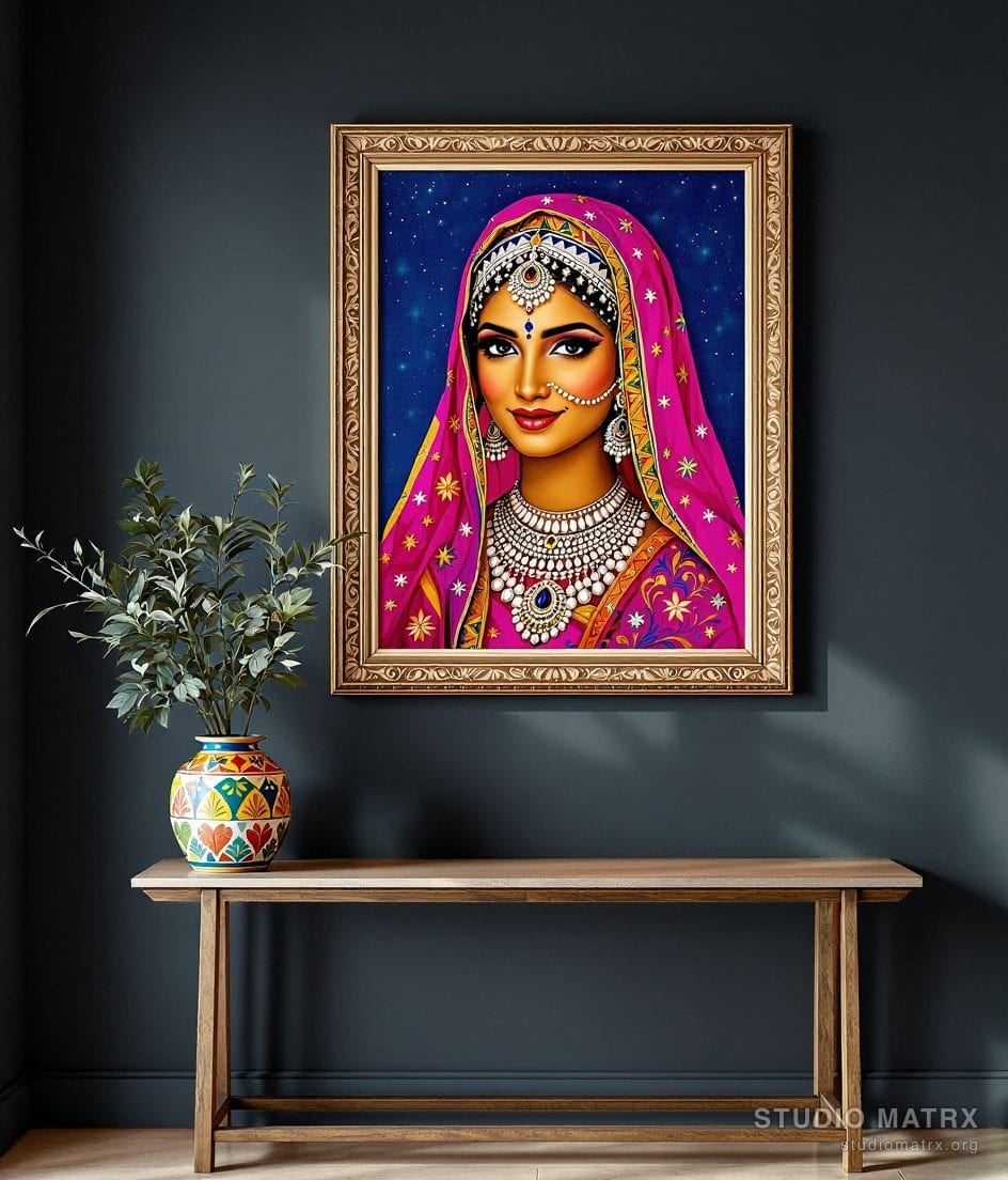 Folk-Style Rajasthani Portrait — Charcoal Wall