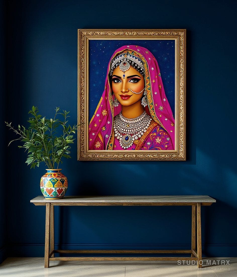Folk-Style Rajasthani Portrait — Navy Wall