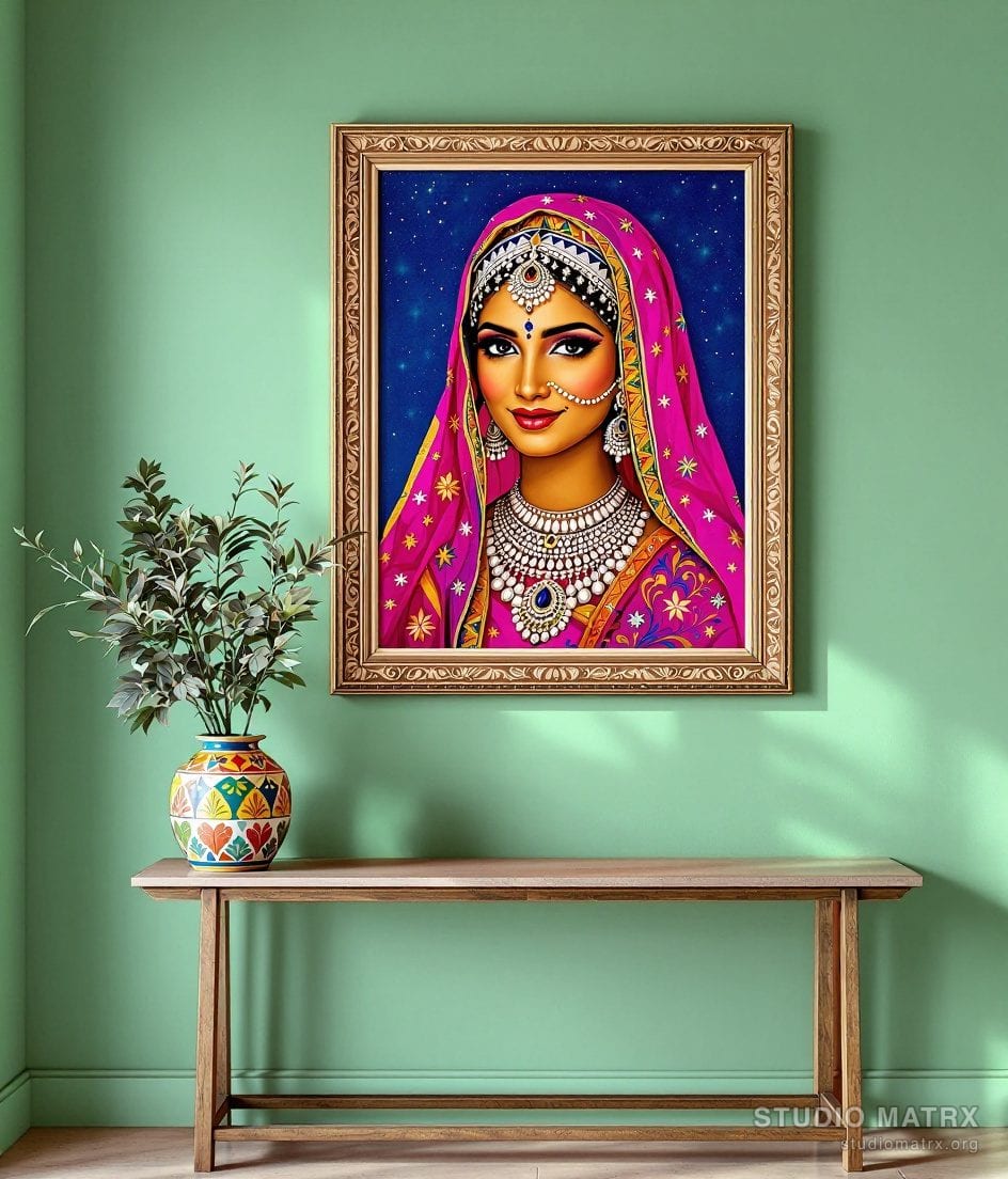 Folk-Style Rajasthani Portrait — Sage Wall