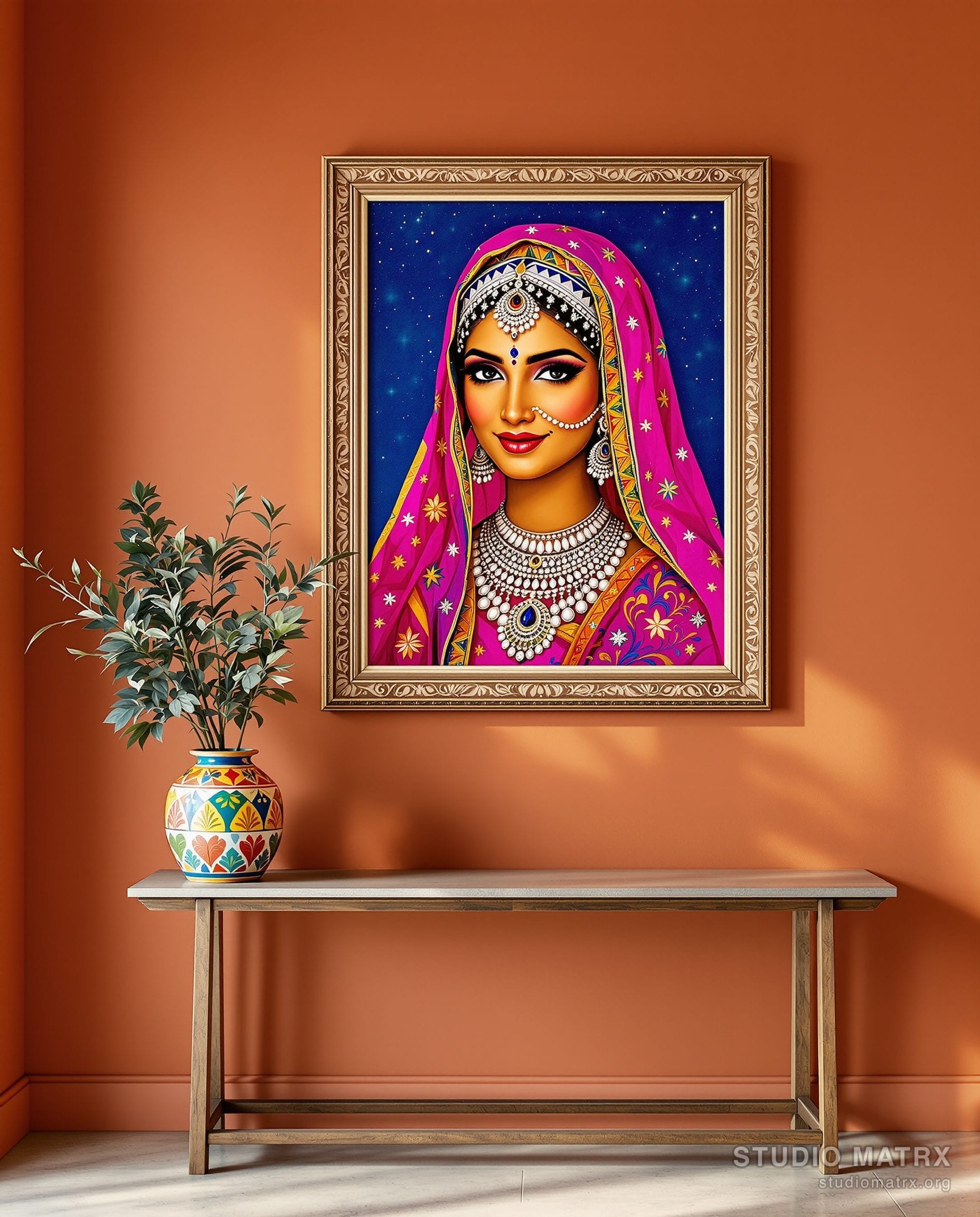 Folk-Style Rajasthani Portrait — Terracotta Wall