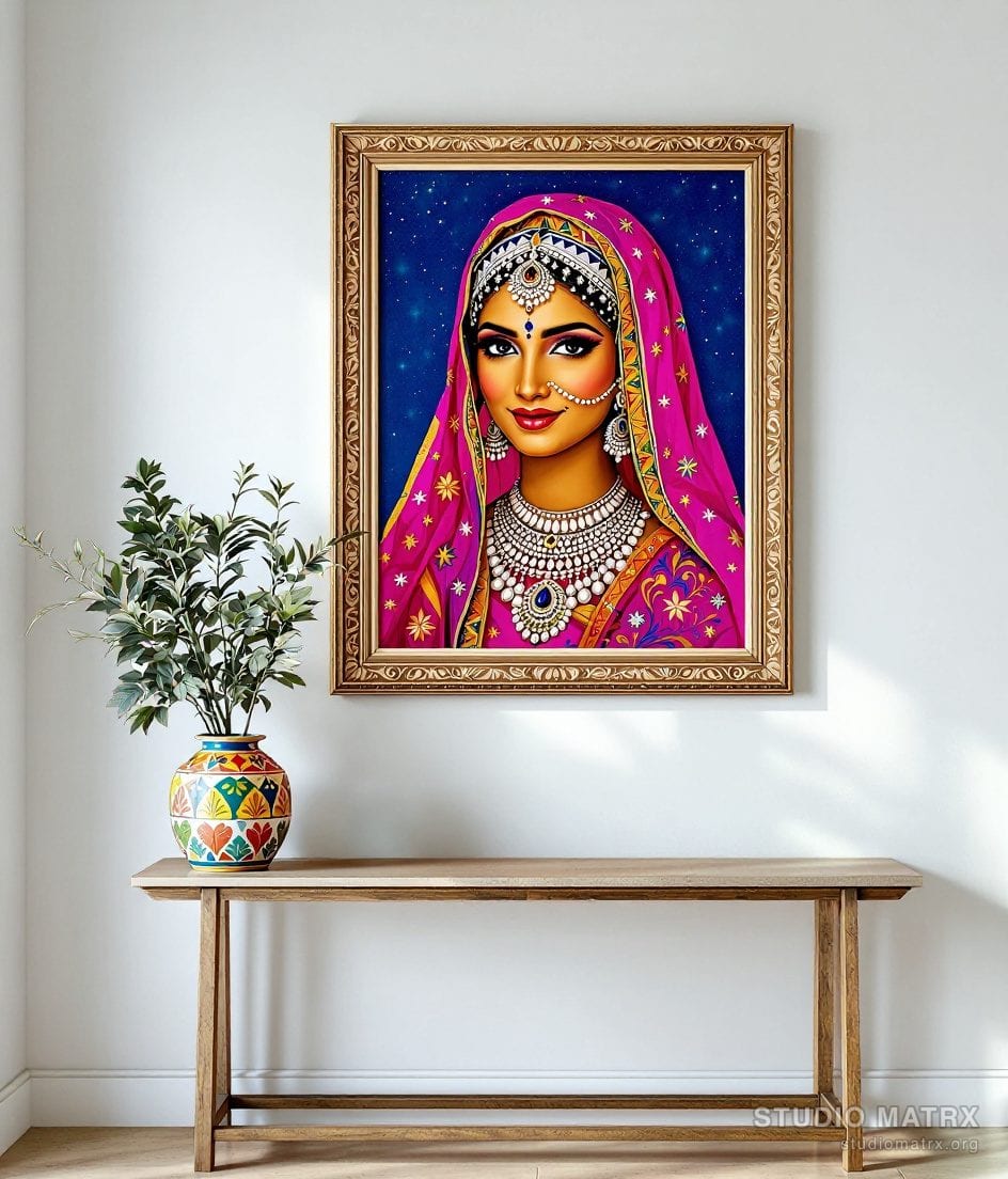 Folk-Style Rajasthani Portrait — Warm White Wall