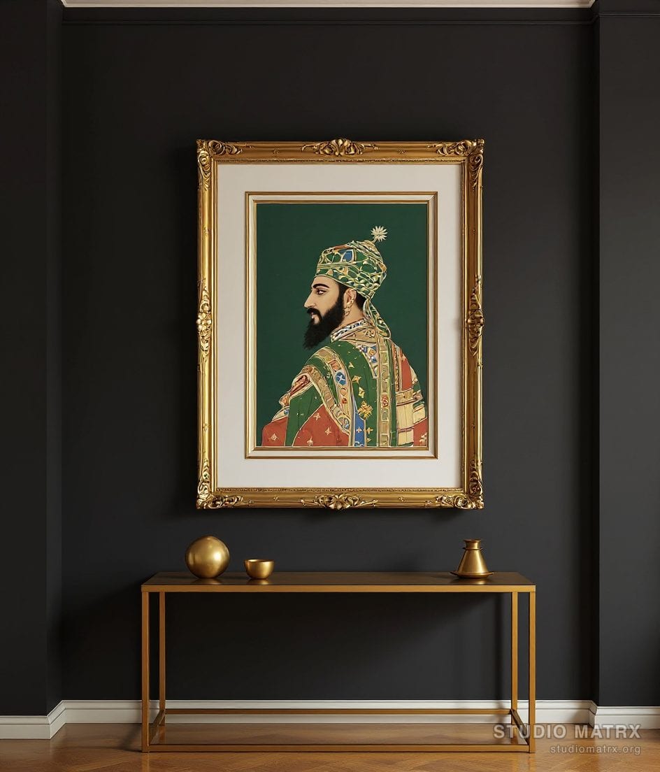 Miniature-Style Mughal Portrait — Charcoal Wall