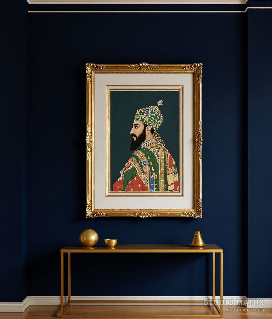 Miniature-Style Mughal Portrait — Navy Wall