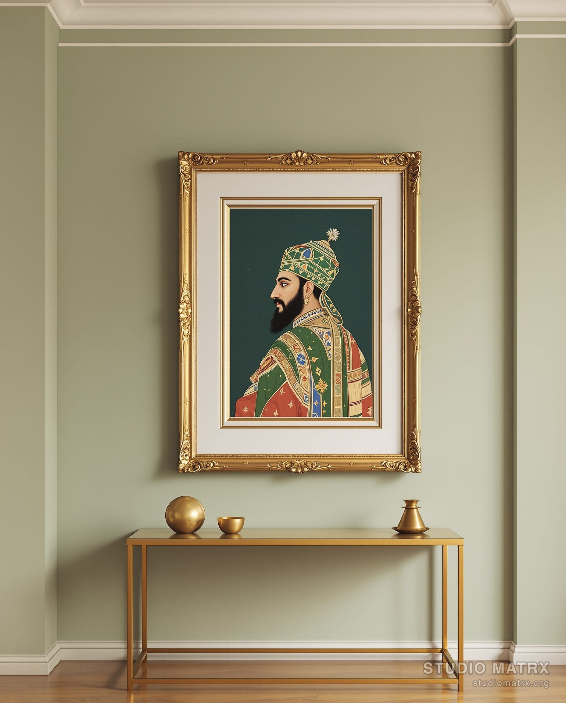 Miniature-Style Mughal Portrait — Sage Wall