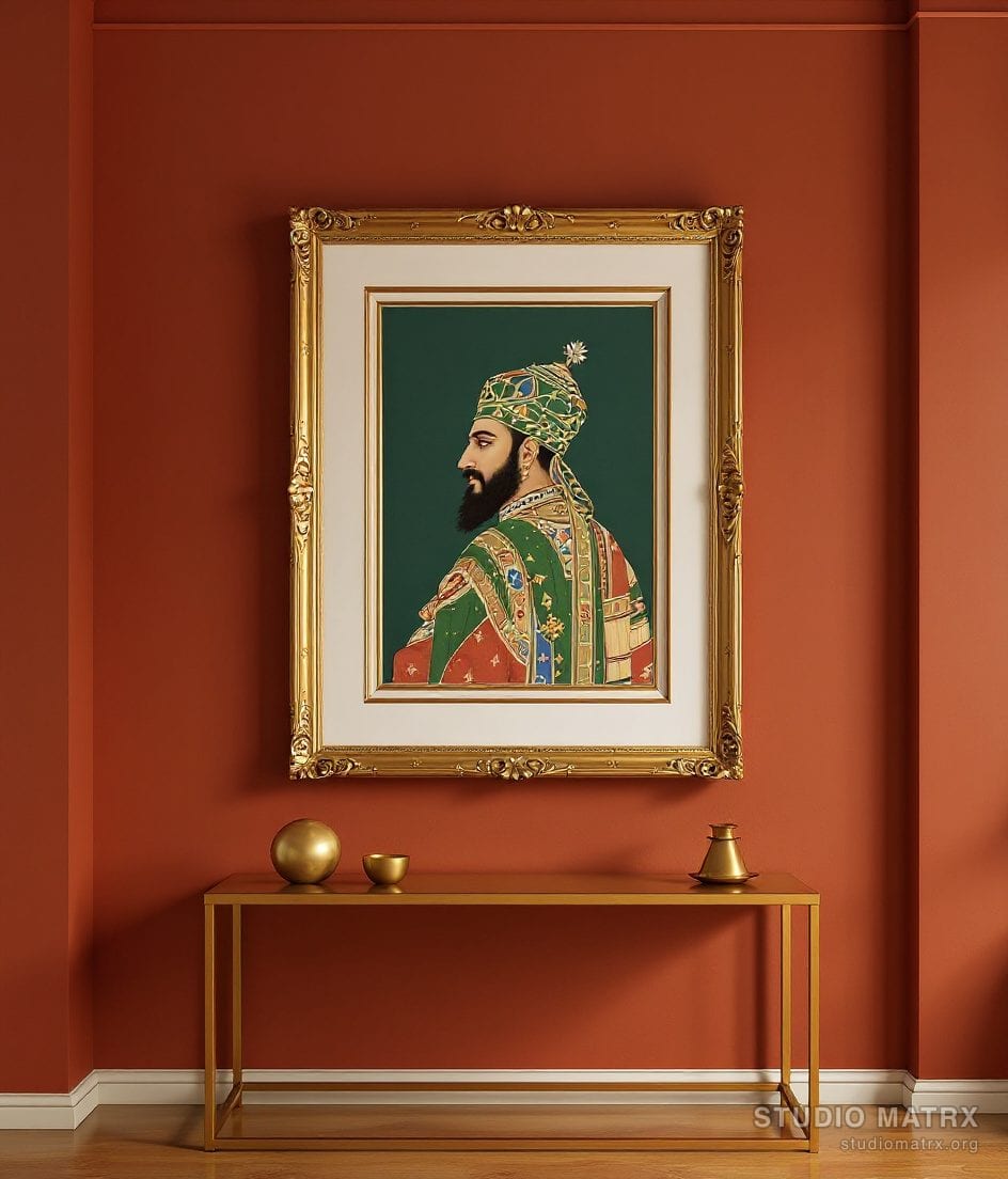Miniature-Style Mughal Portrait — Terracotta Wall