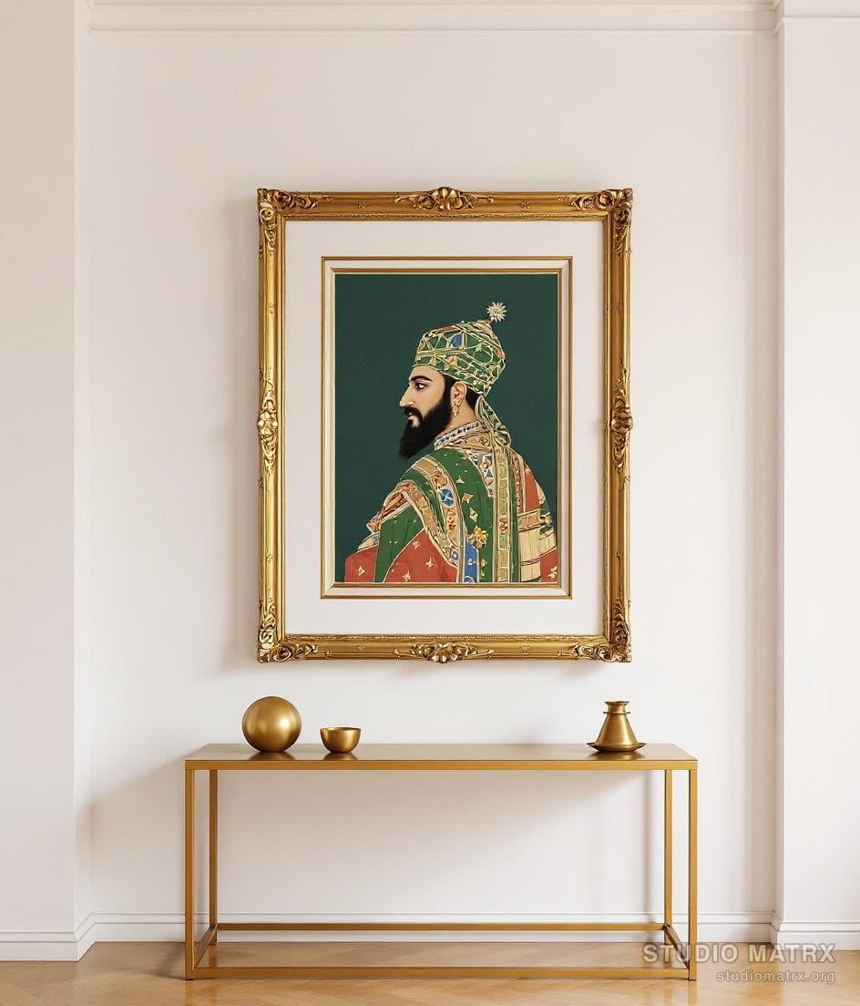 Miniature-Style Mughal Portrait — Warm White Wall