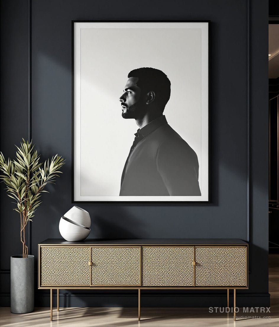 Monochrome Profile Portrait — Charcoal Wall