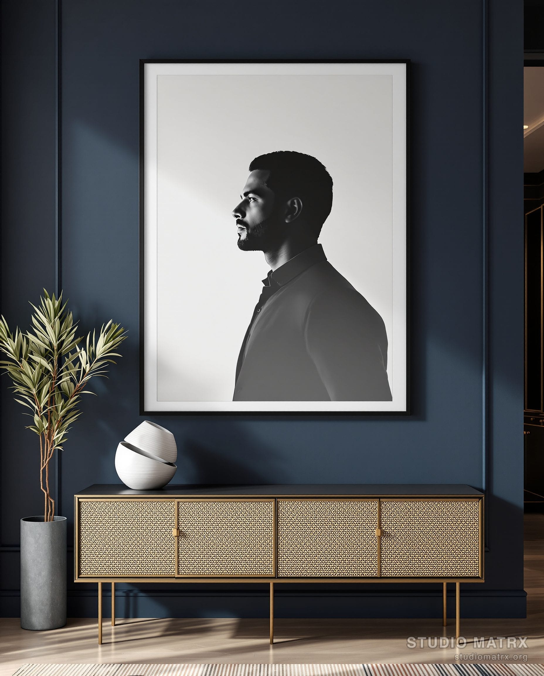Monochrome Profile Portrait — Navy Wall