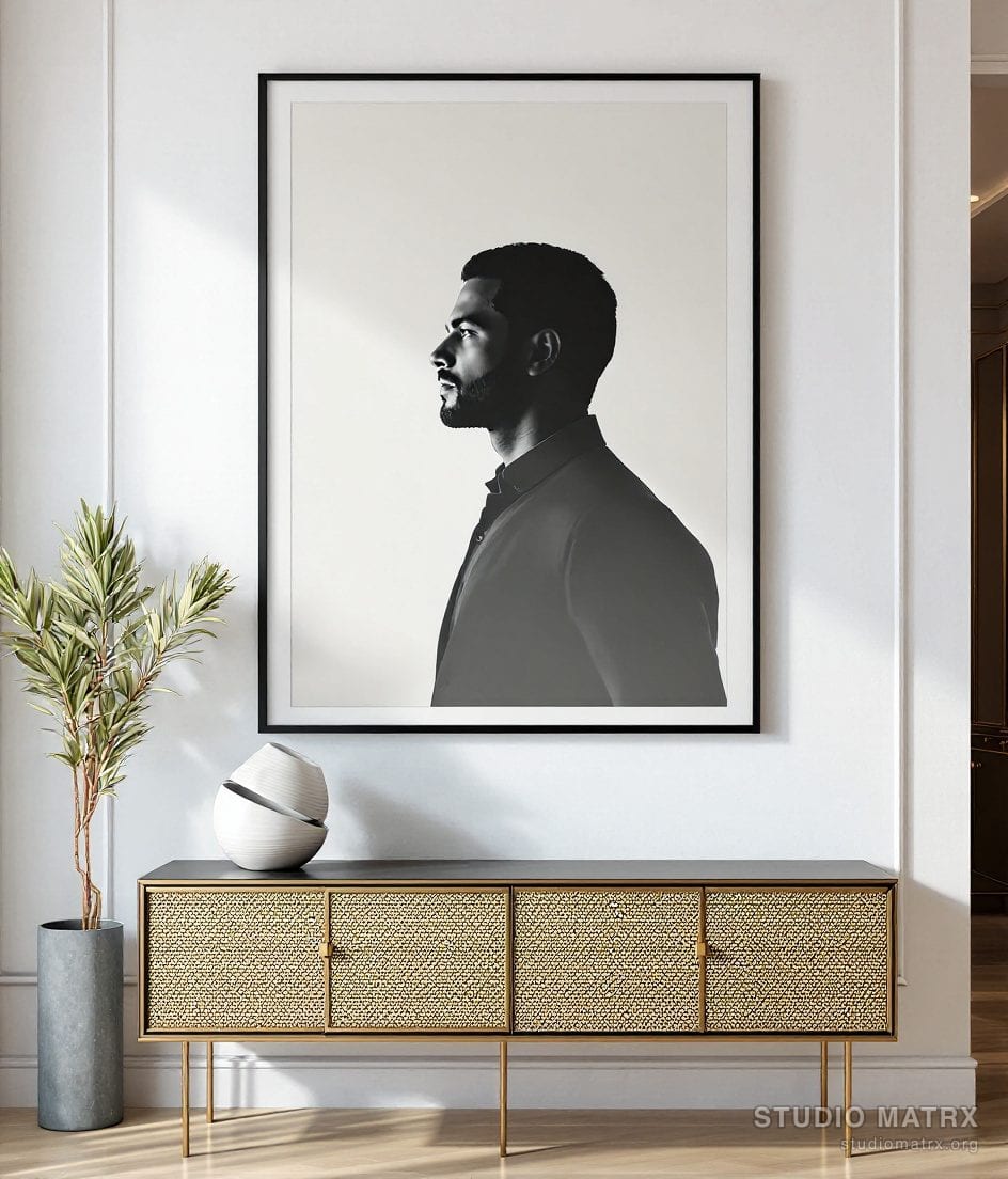 Monochrome Profile Portrait — Warm White Wall