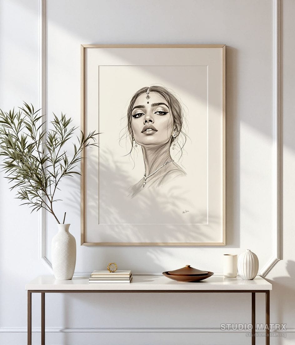Pencil Sketch Portrait — Warm White Wall