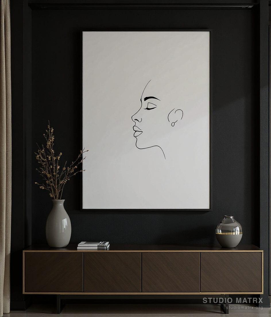 Single-Line Face Portrait — Charcoal Wall