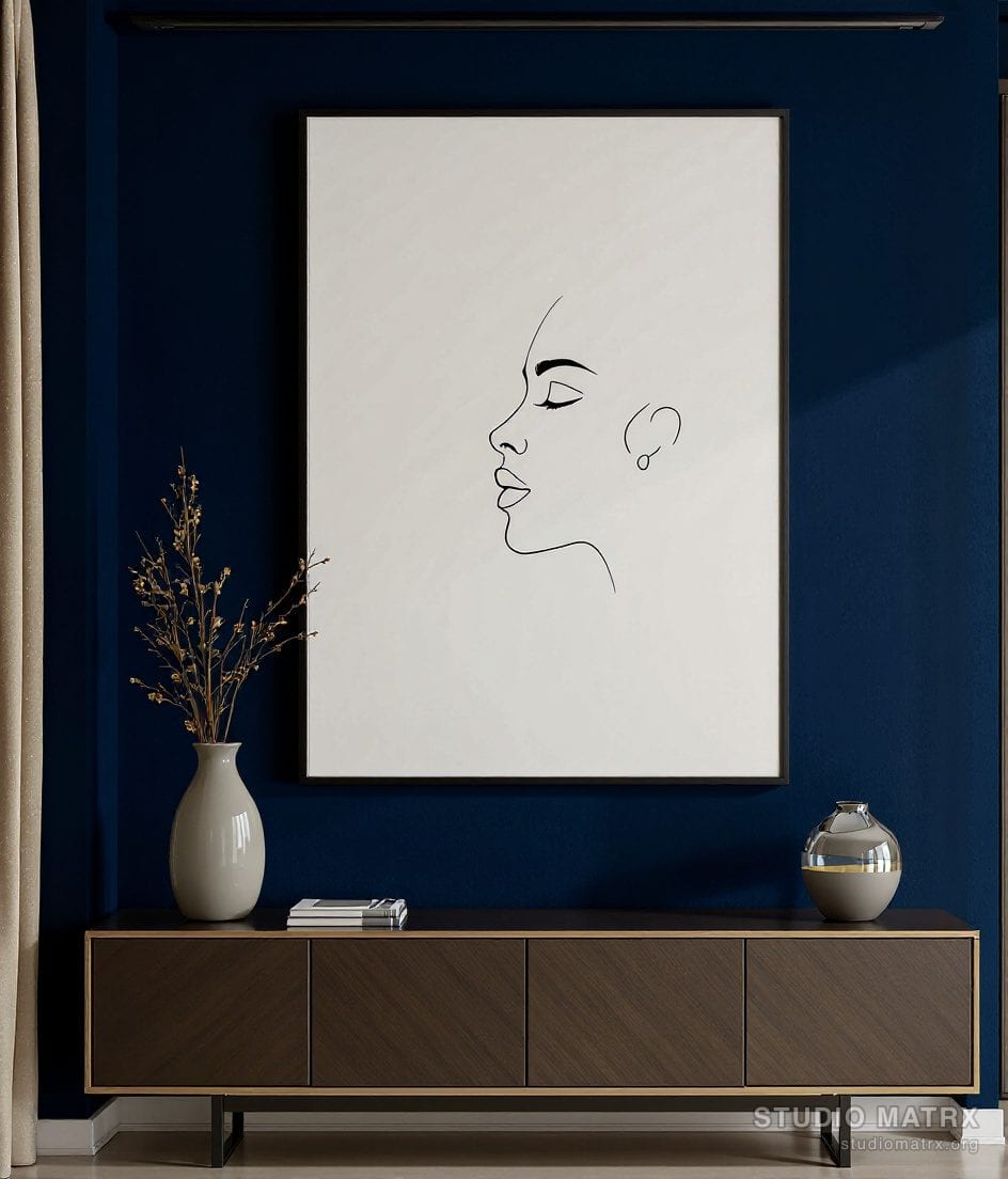 Single-Line Face Portrait — Navy Wall
