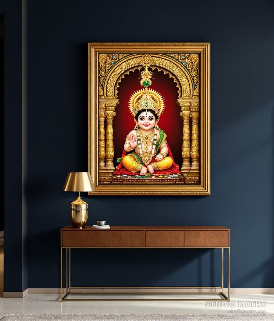 Bala Krishna Tanjore Painting — Navy Wall
