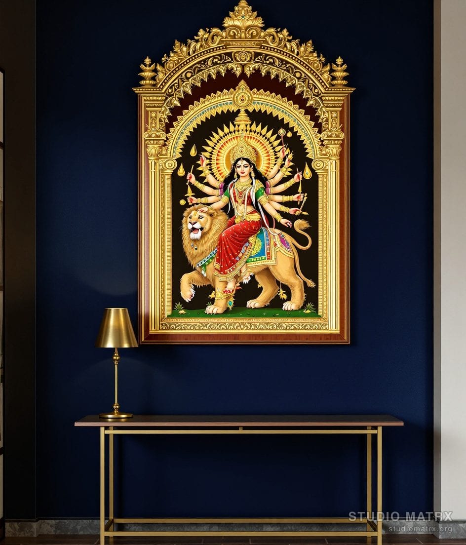 Durga Tanjore Painting — Navy Wall