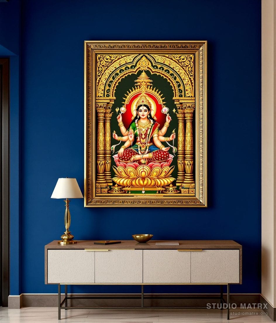 Gaja Lakshmi Tanjore Painting — Navy Wall